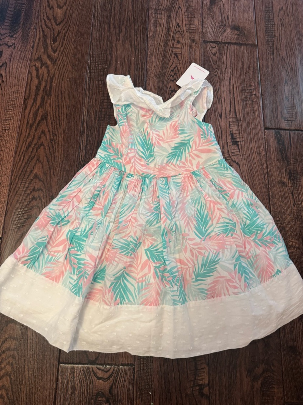 NWT! Tommy Bahama Pink & Aqua Leaf Print Girls' Dress with White Hem